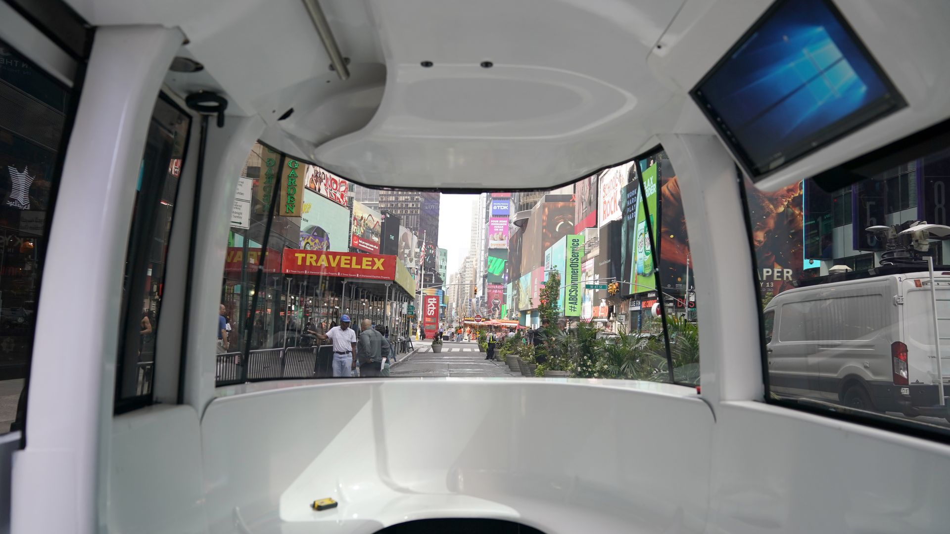 A view of the self-driving shuttle is seen in Times Square July 17, 2018 in New York