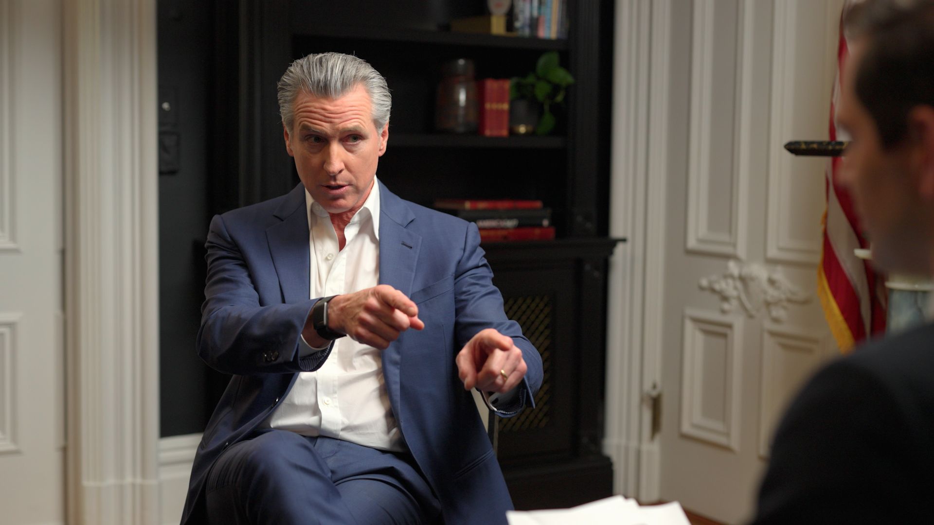 Gavin Newsom interviewed by Alex Thompson on "The Axios Show." Photo: Seth Hahn for Axios