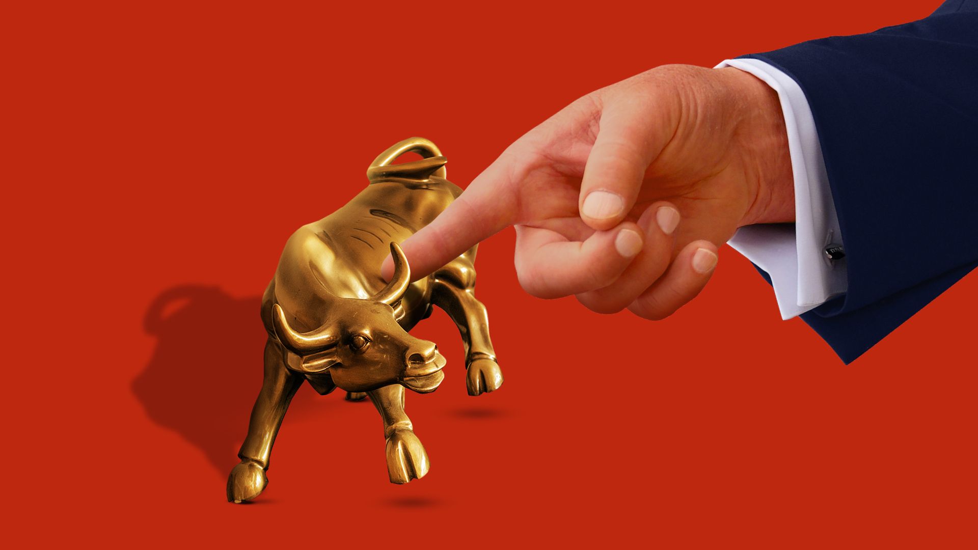 Photo illustration of President's Trump's finger tipping over the Wall Street bull. 