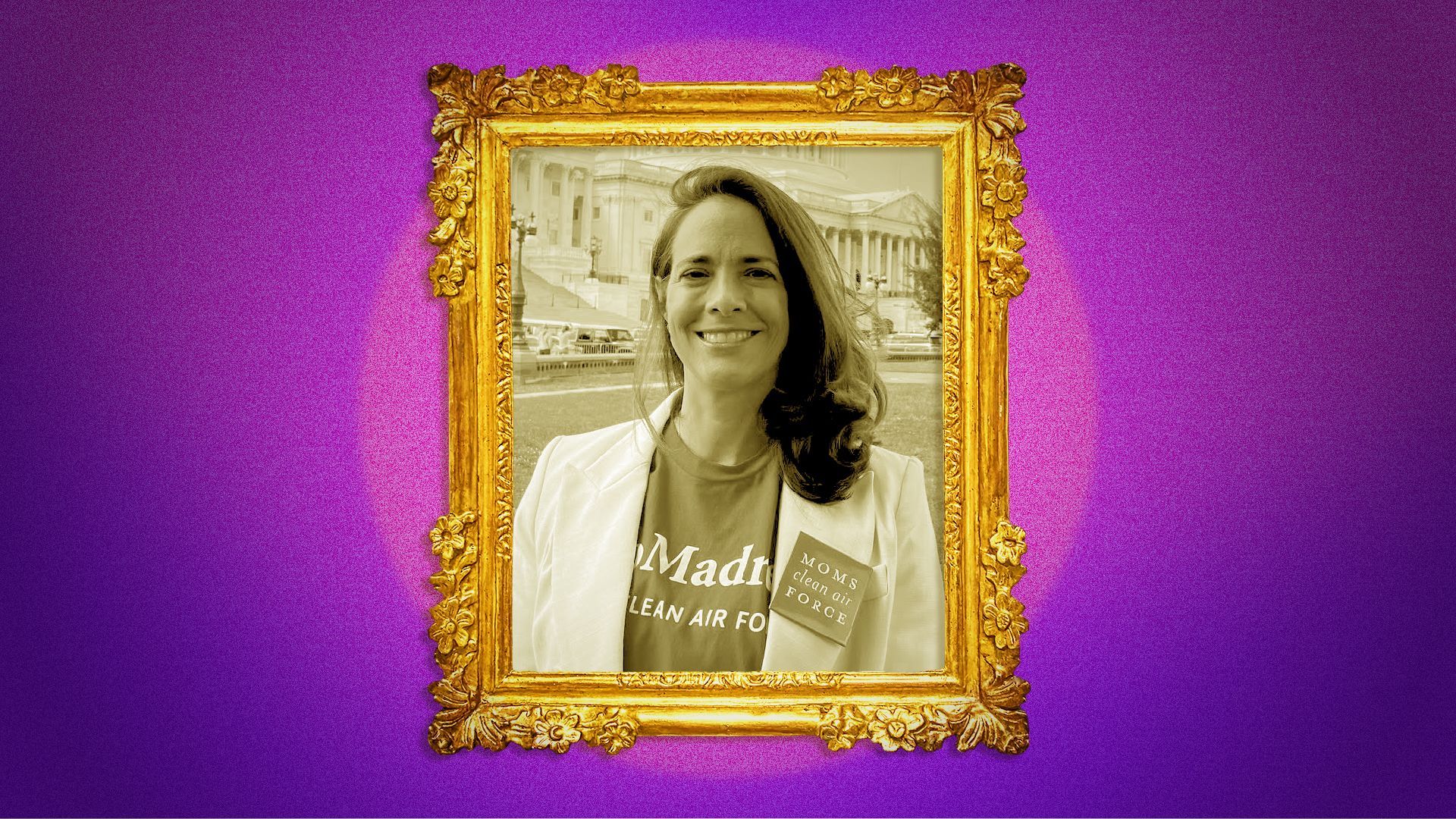 Photo illustration of Isabel González Whitaker in a golden frame with a spotlight.