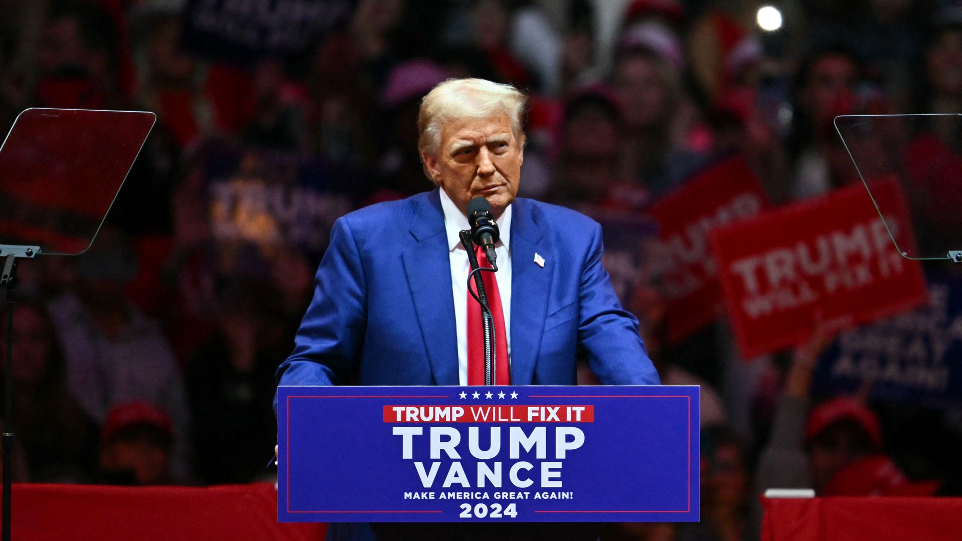 * Republican presidential candidate former President Trump speaks during a campaign rally at Madison Square Garden in New York, October 27, 2024. 