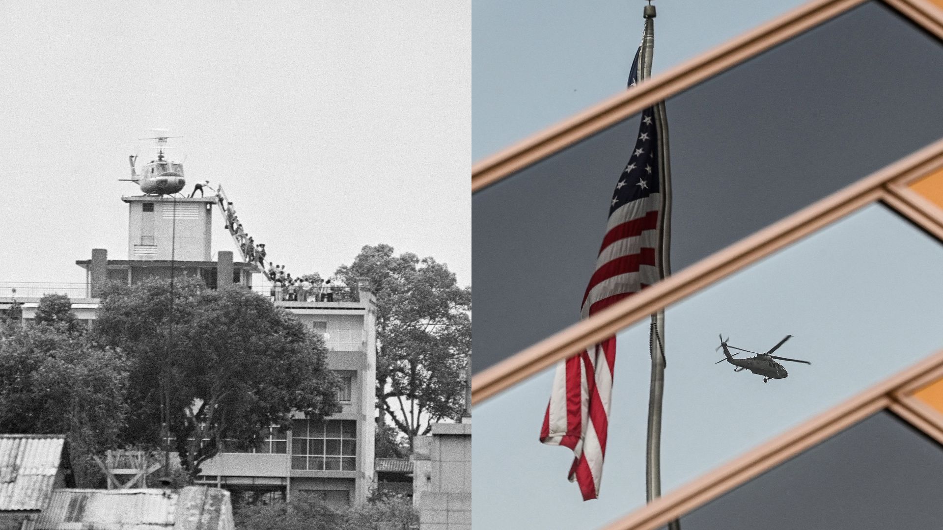 Side by side photos of American helicopters leaving Vietnam and Afghanistan. 