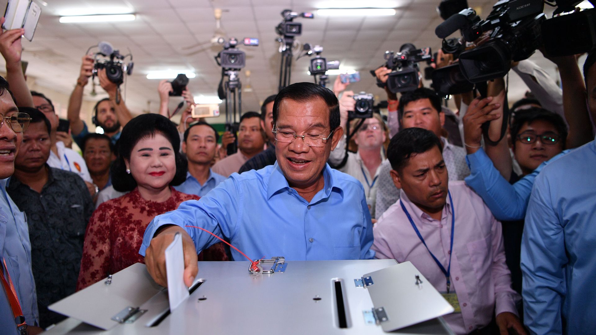 Cambodia's Prime Minister Hun Sen casts his vote during the general elections on Sunday. Photo: Manan Vatsyayana/AFP/Getty Images