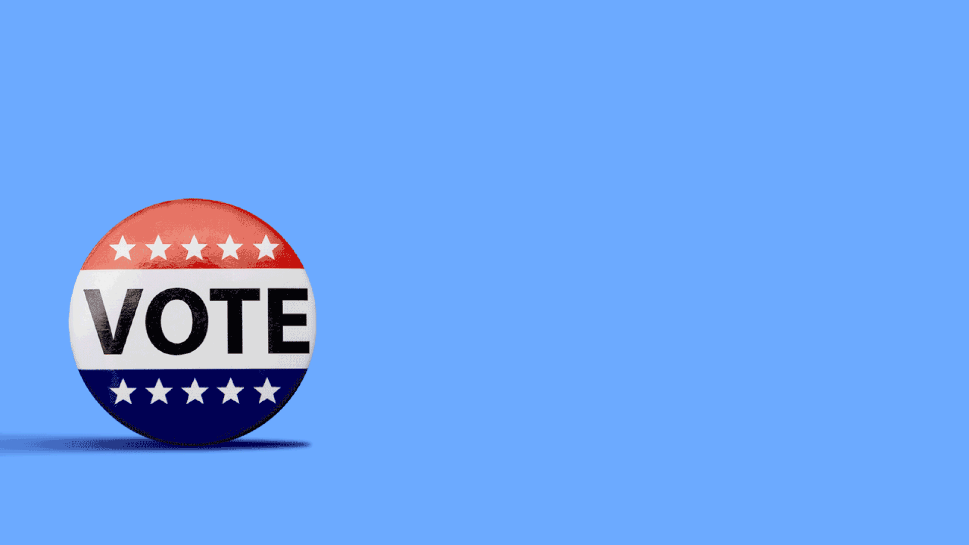 Animated illustration of a finger pushing a "VOTE" button from the left of the screen towards the center