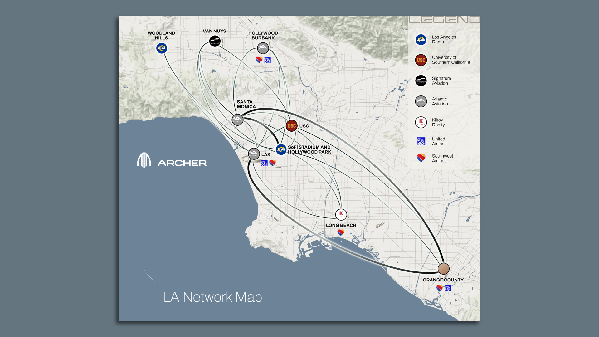 Archer's planned L.A. air taxi network. Map: Courtesy of Archer
