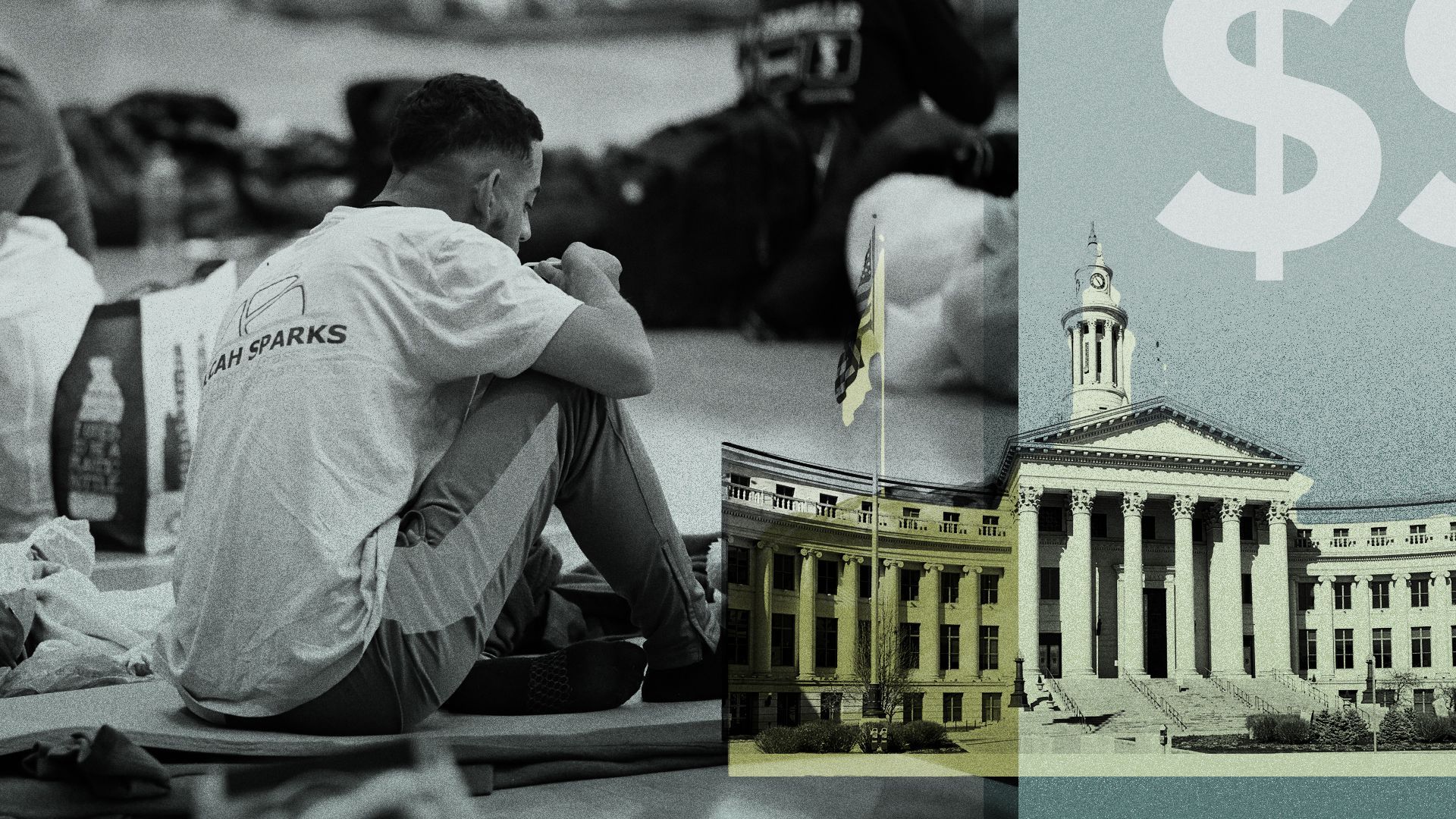 Photo illustration collage of the Denver County Courthouse next to migrants at a makeshift shelter in Denver, CO. 