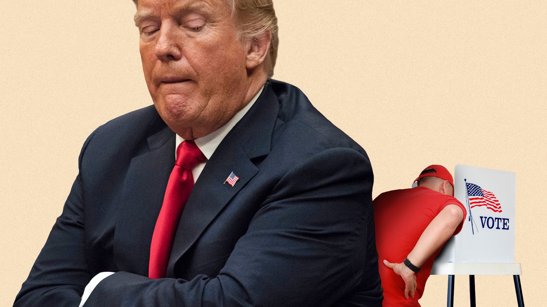 Photo illustration of President Donald Trump looking over his shoulder at a tiny voter at a voting booth