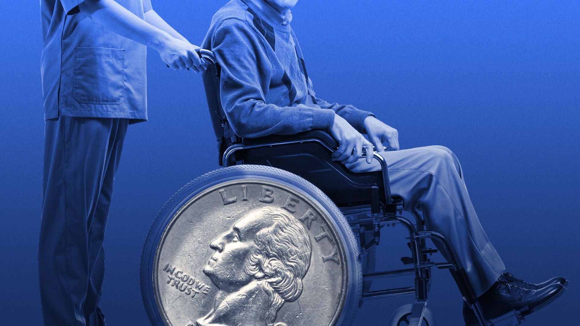 Illustration of an elderly man in a wheelchair with a giant quarter for a wheel