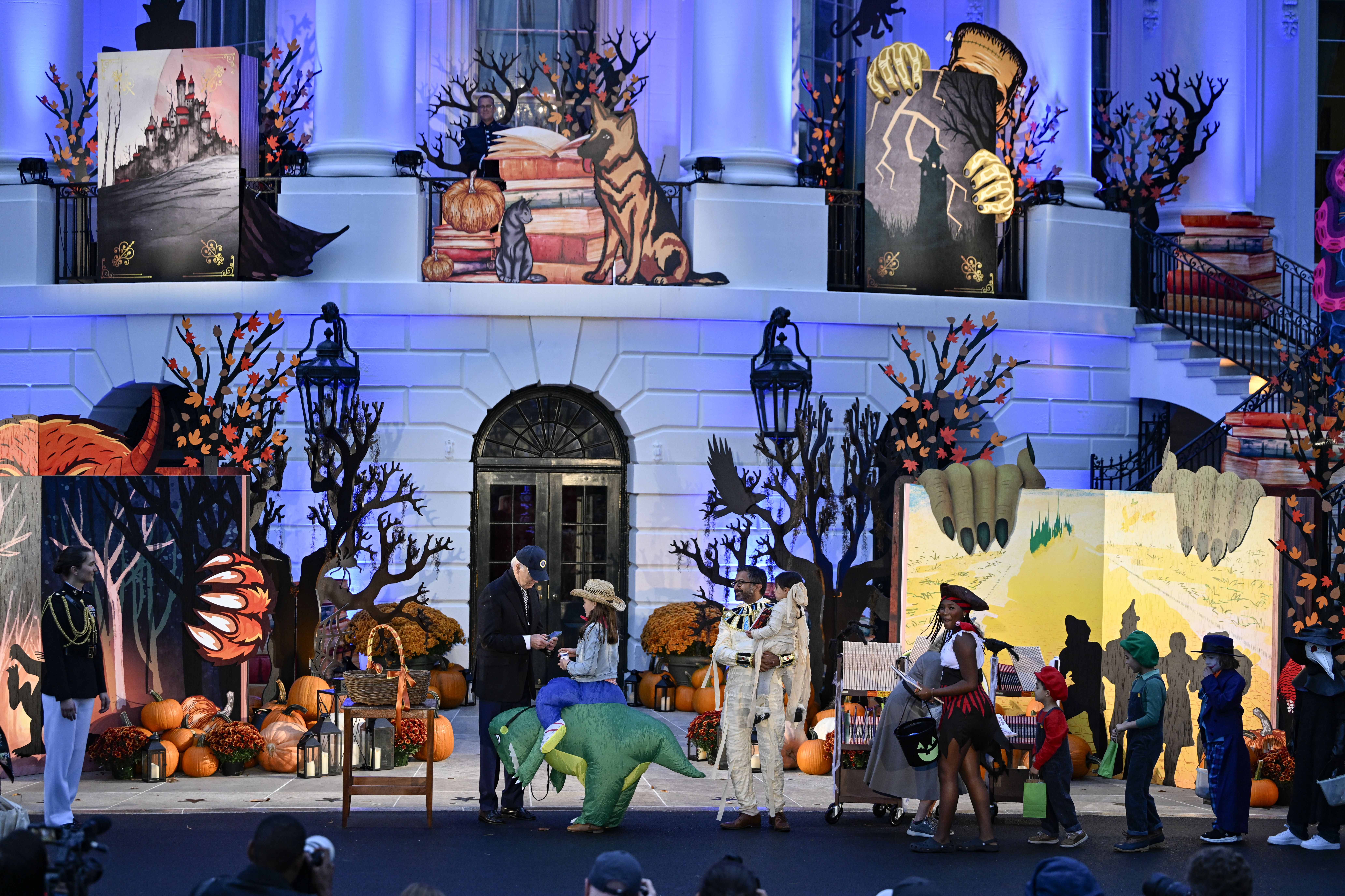 greet trick-or-treaters on the South Lawn of the White House for Halloween at the White House in Washington DC, United States on October 30