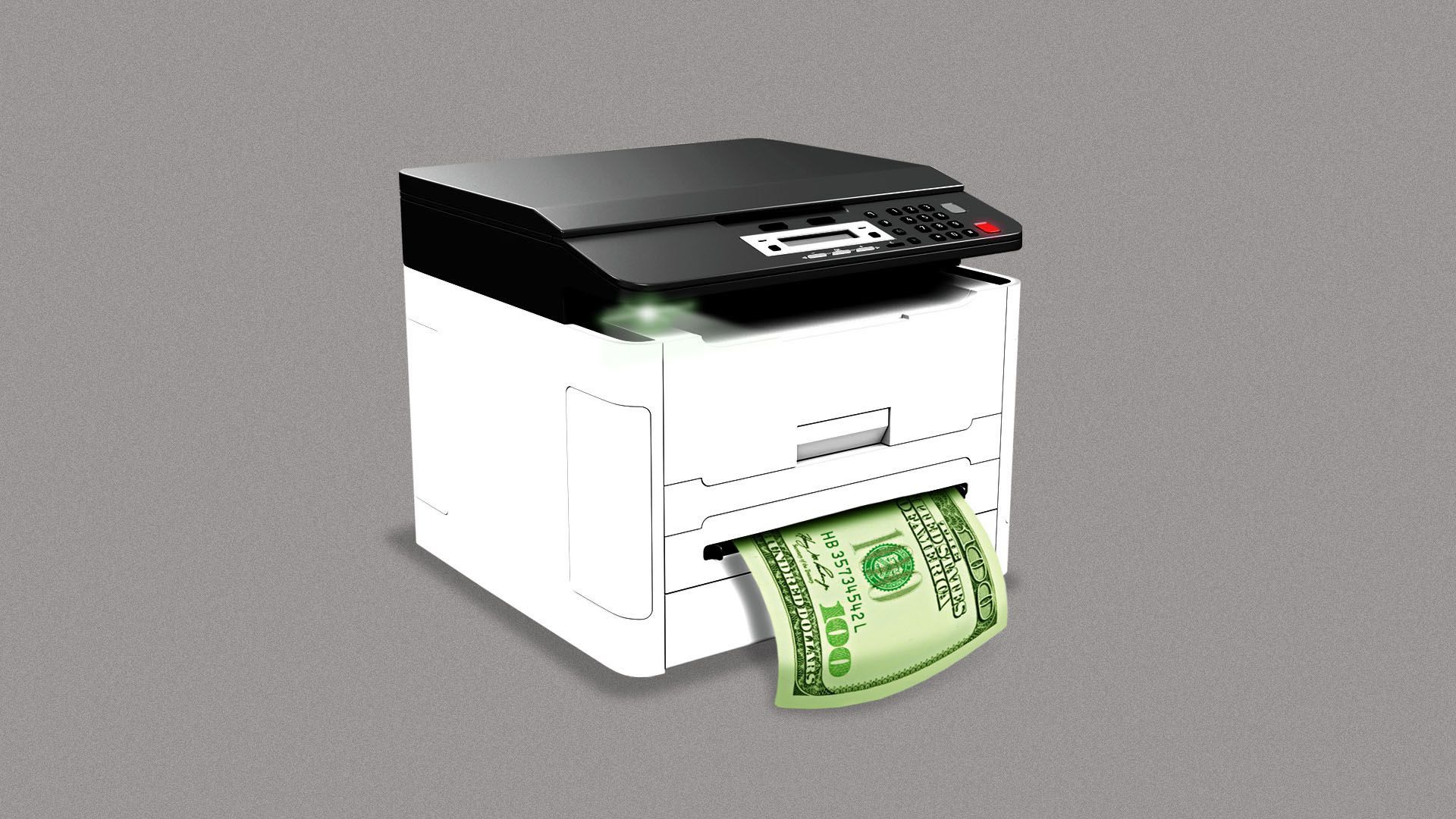 Illustration of a copy machine printing money.