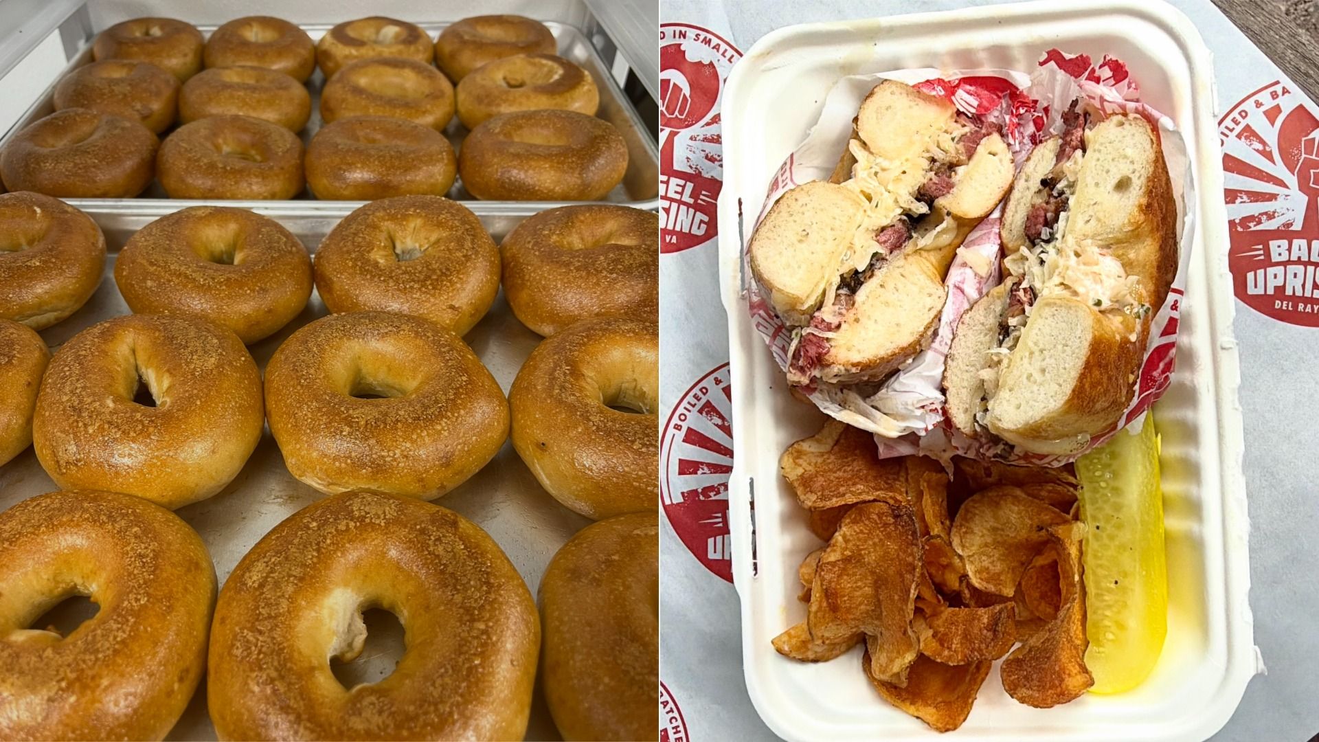 Left: tray of golden-brown bagels. Right: open takeout box with a half-eaten deli sandwich, paper wrap, chips, and a pickle spear.