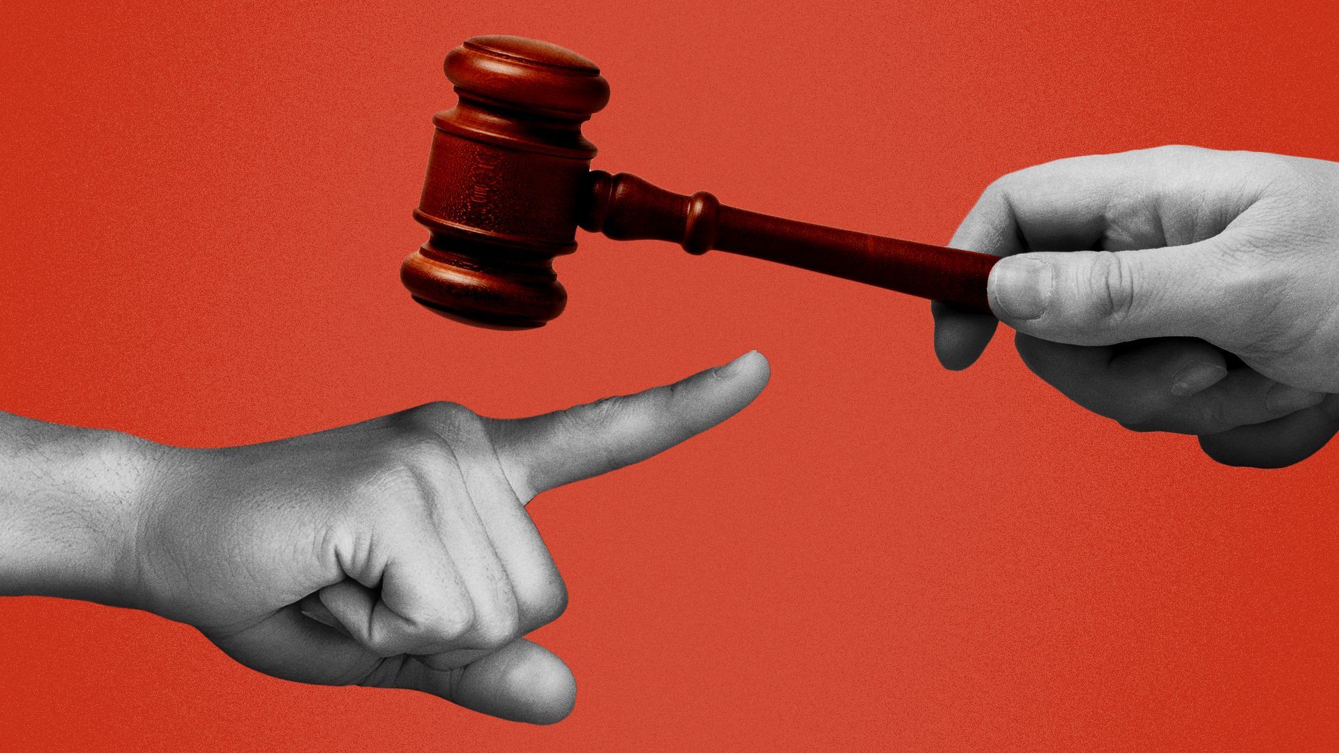 Illustration of a hand with a gavel striking down on a pointed finger.
