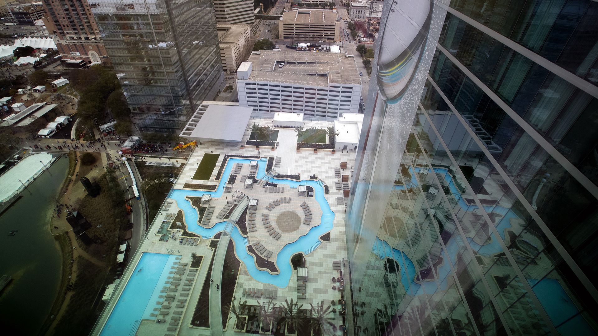 Aerial photo of a Texas-shaped pool 