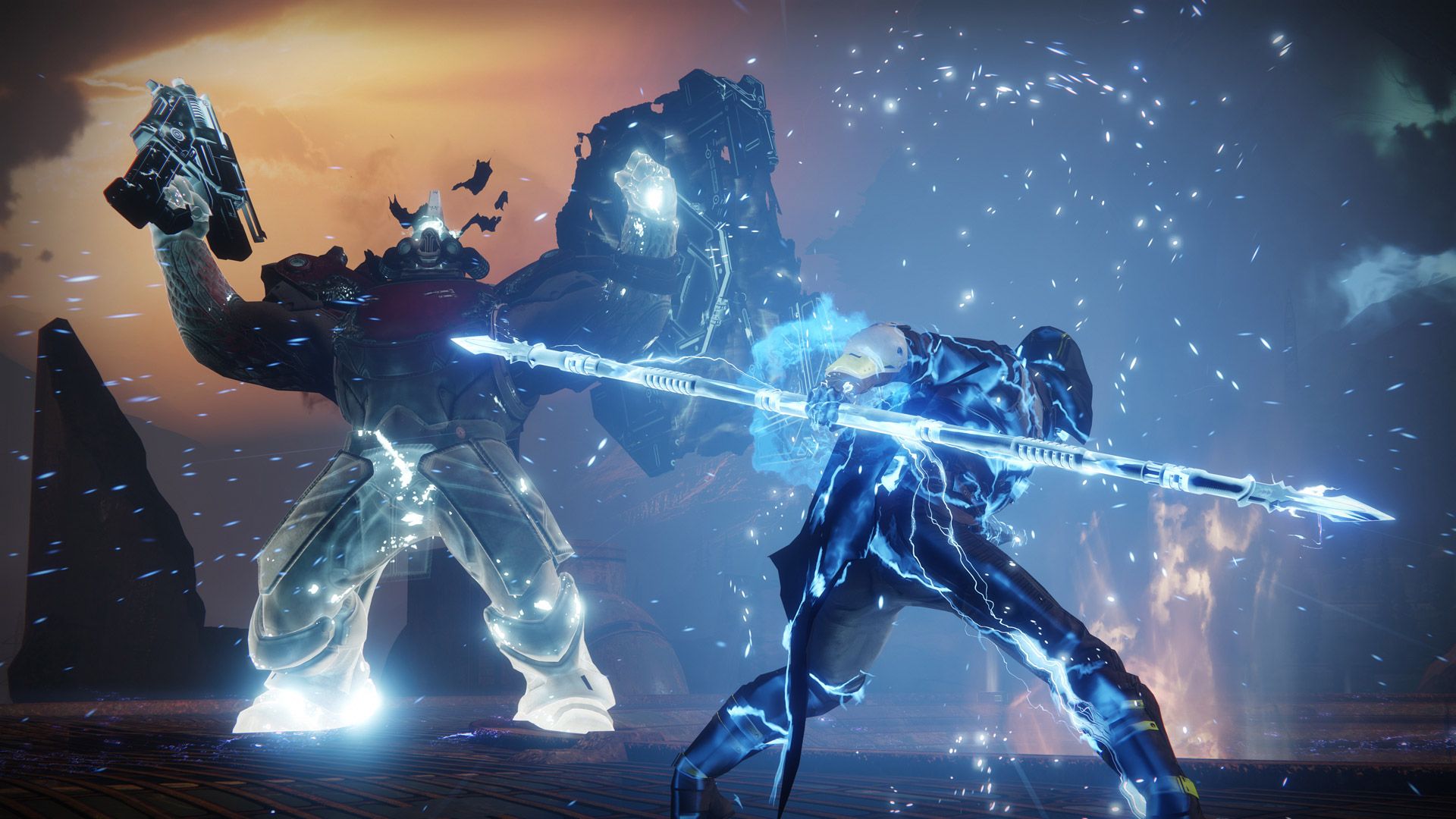 Video game screenshot of a blue, glowing sci-fi warrior swinging a staff against a large black-and-white enemy