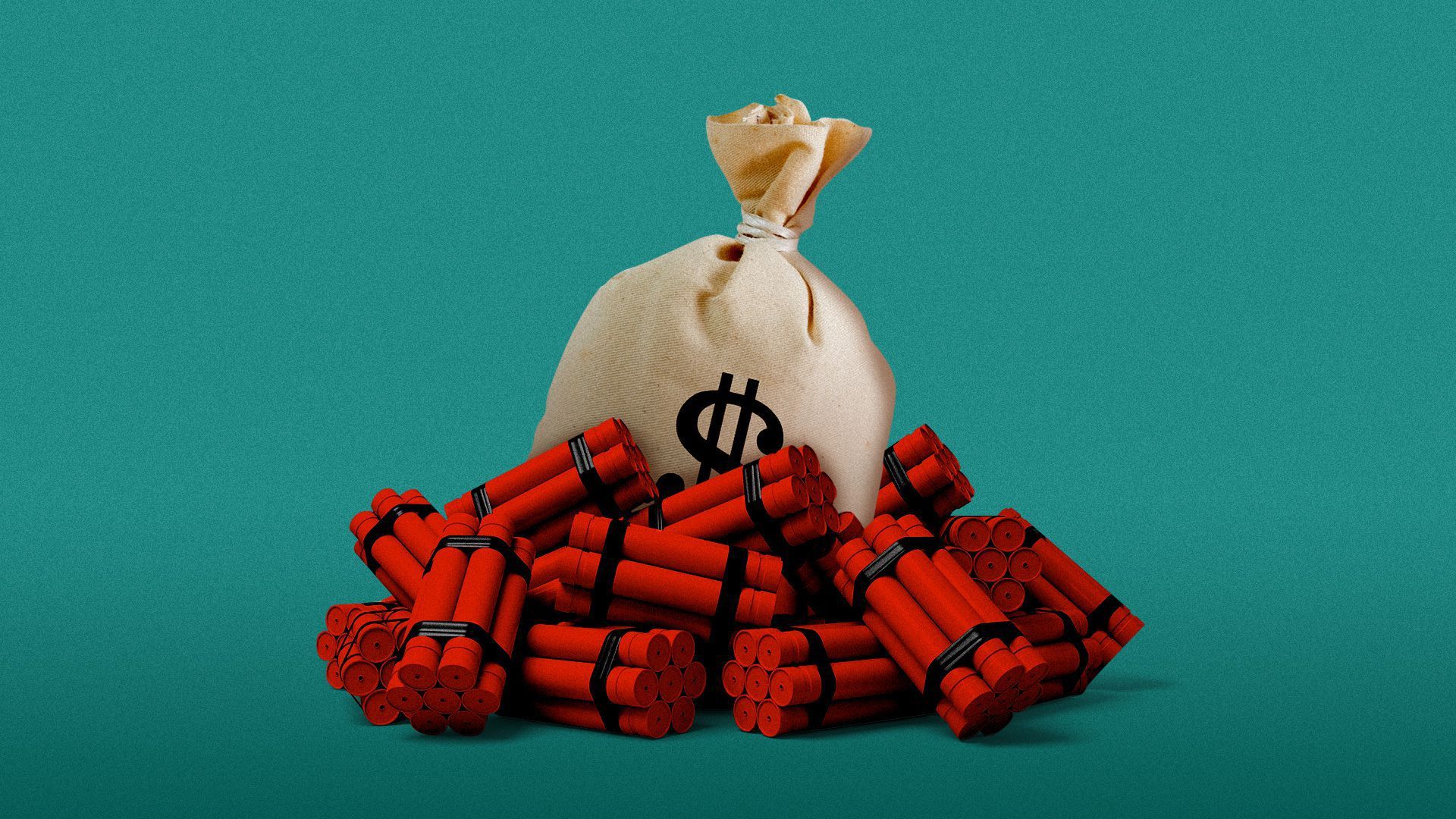 Illustration of a money bag surrounded by bundles of dynamite.