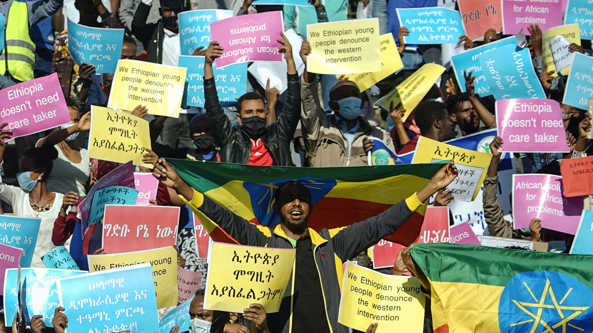 Protesters during a massive rally against the U.S. imposing restrictions over the conflict in the Tigray region in Addis Ababa, Ethiopia, on May 30, 2021