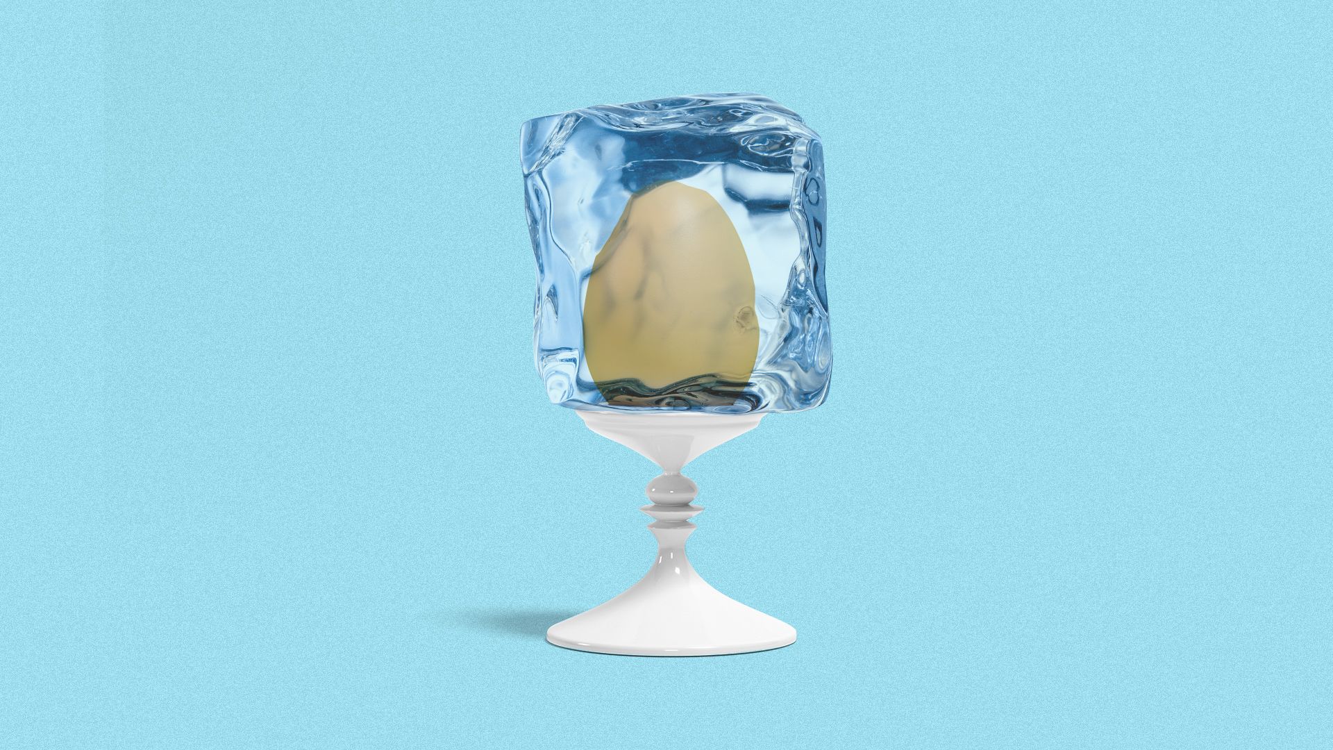 Illustration of an egg in an ice cube on a pedestal. 