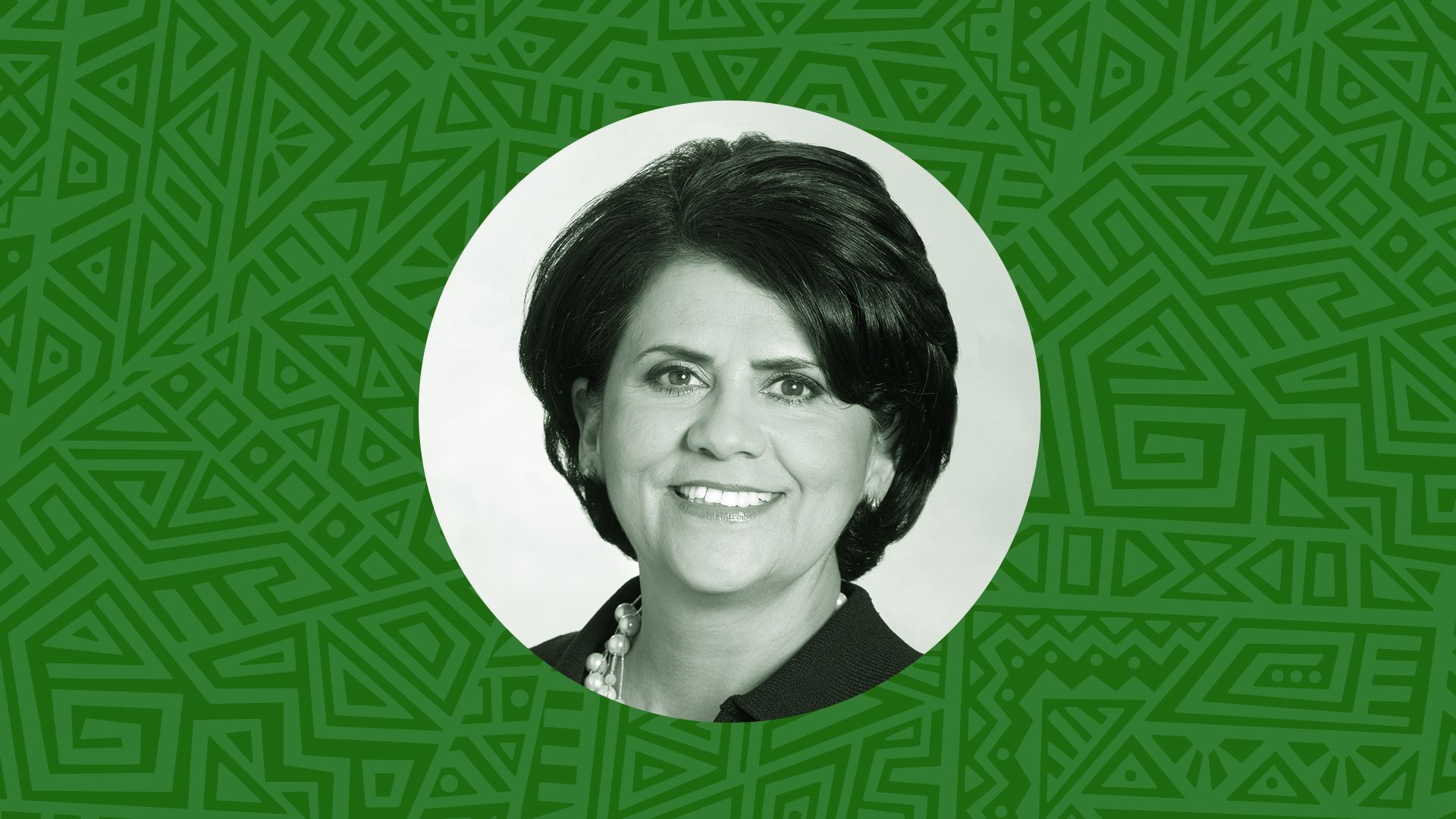 A photo of Grace Nystrum with a green background and unique line design