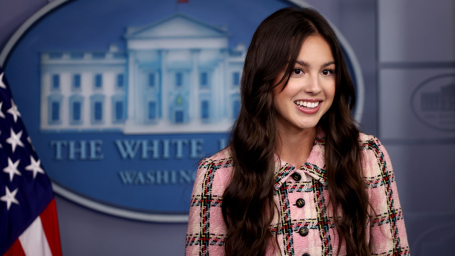 Pop music star and Disney actress Olivia Rodrigo makes a brief statement to reporters