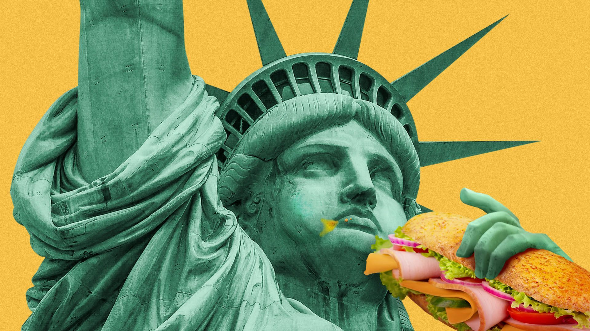 Illustration of the Statue of Liberty eating a giant hoagie