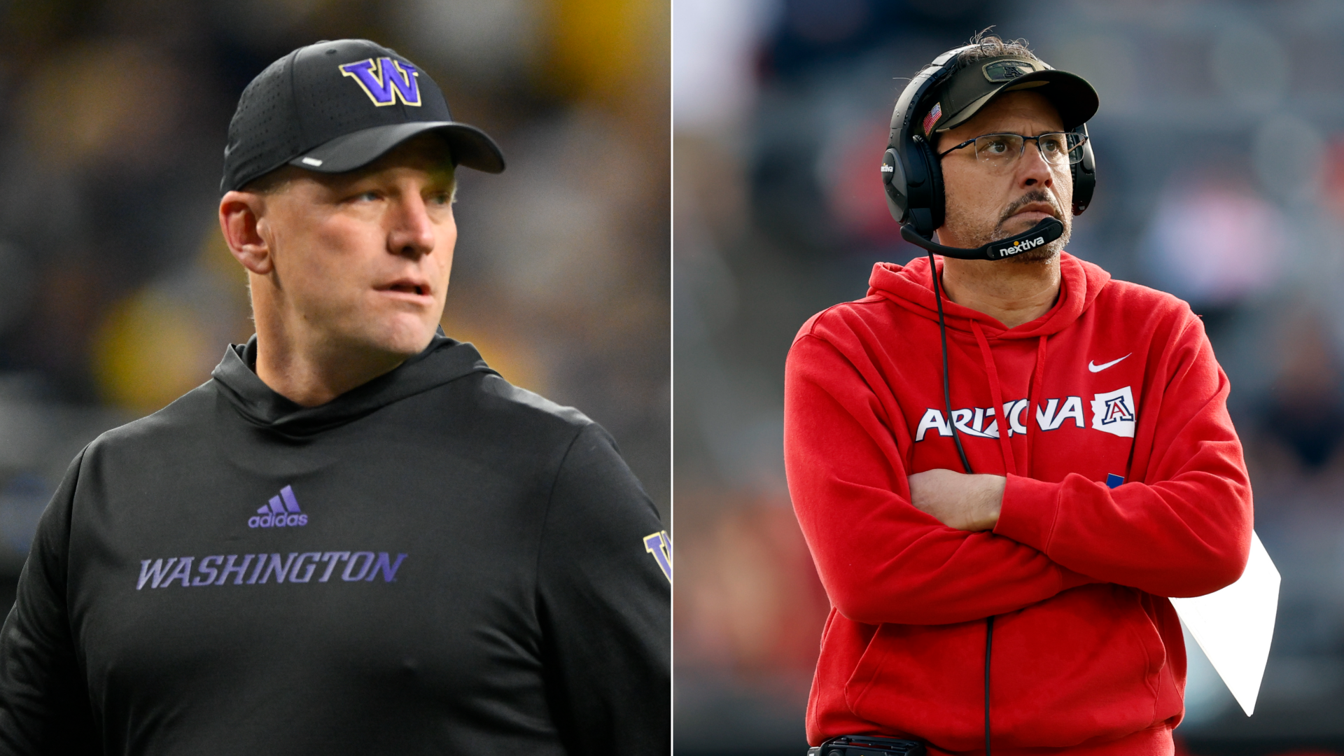 Kalen DeBoer at left in a black sweatshirt with "Washington" written across the front with Jedd Fisch shown at right in a red sweatshirt with his arms crossed.