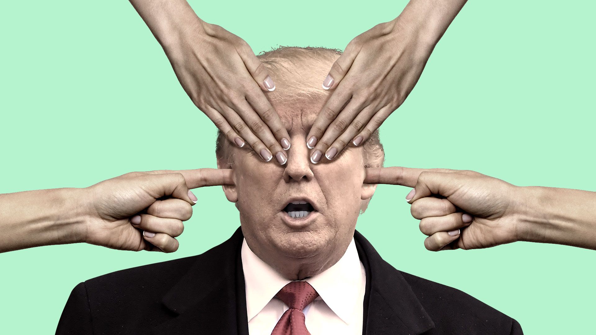 Illustration of hands covering Trumps eyes and ears