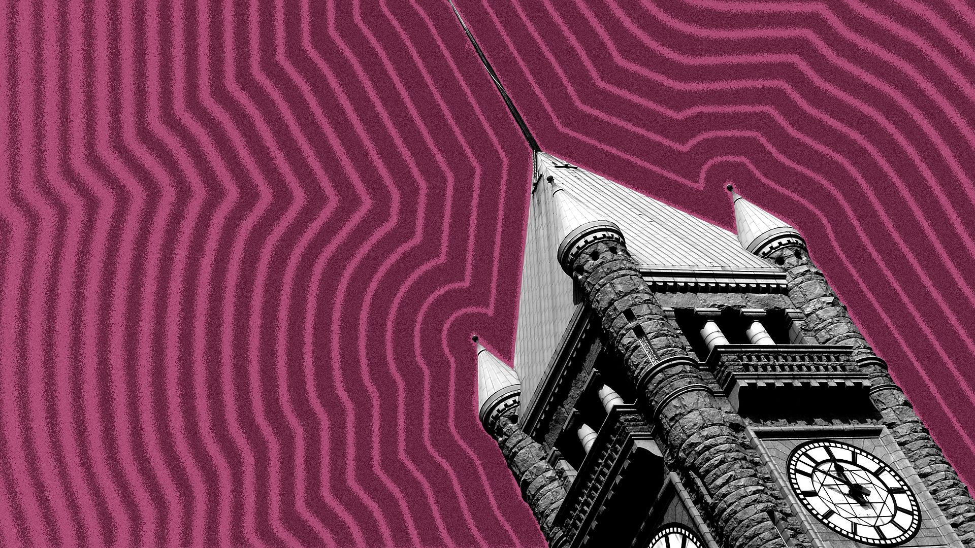 Illustration of Minneapolis City Hall with lines radiating from it. 