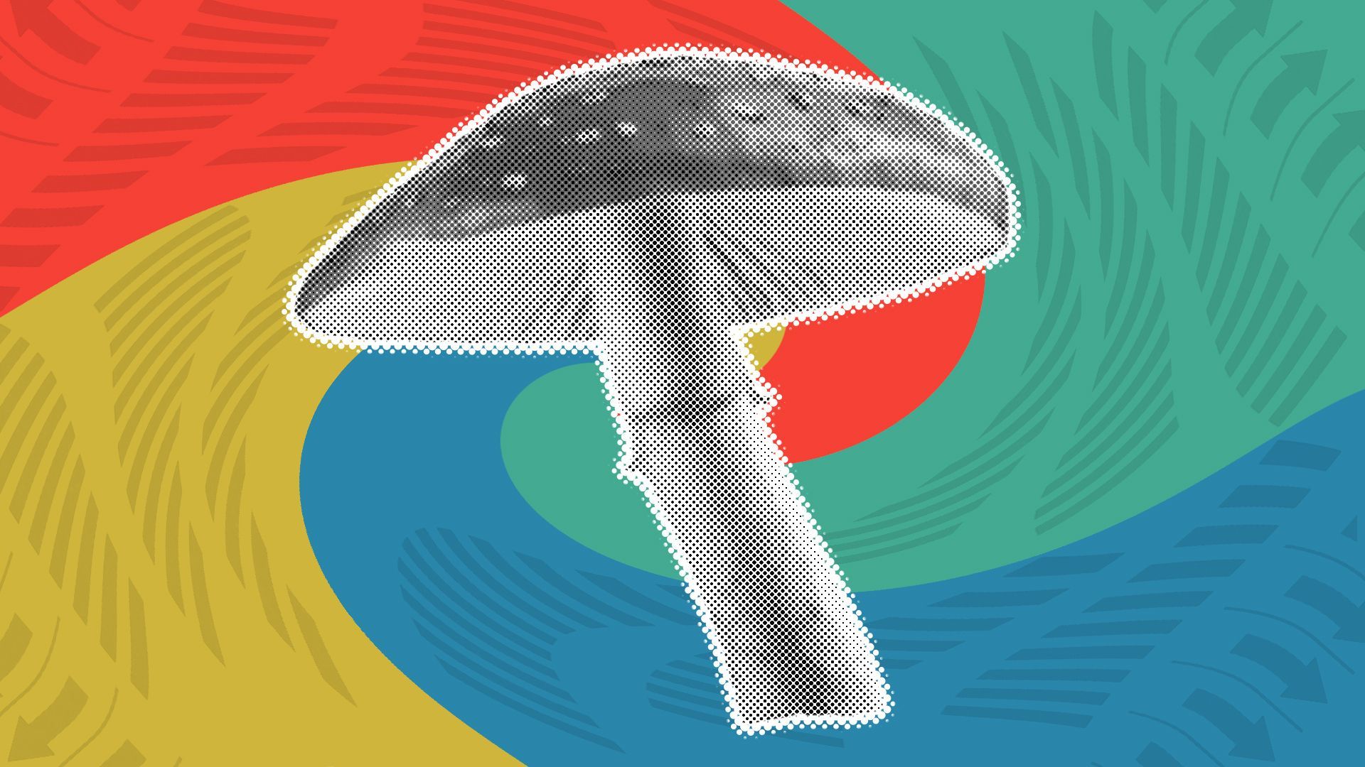 Illustration of a mushroom surrounded by swirling ballot shapes and colors