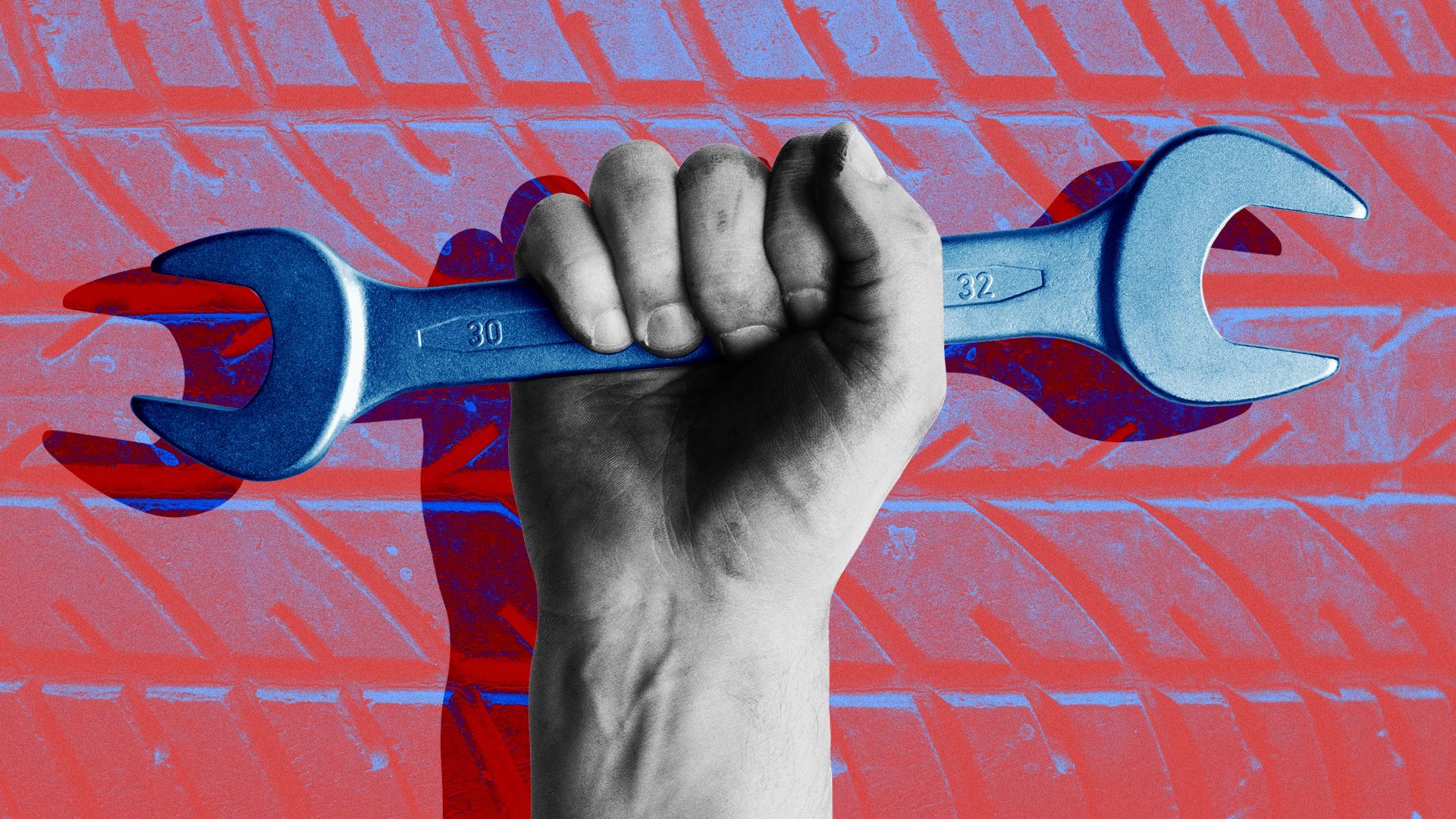 Illustration of a fist holding a wrench. 