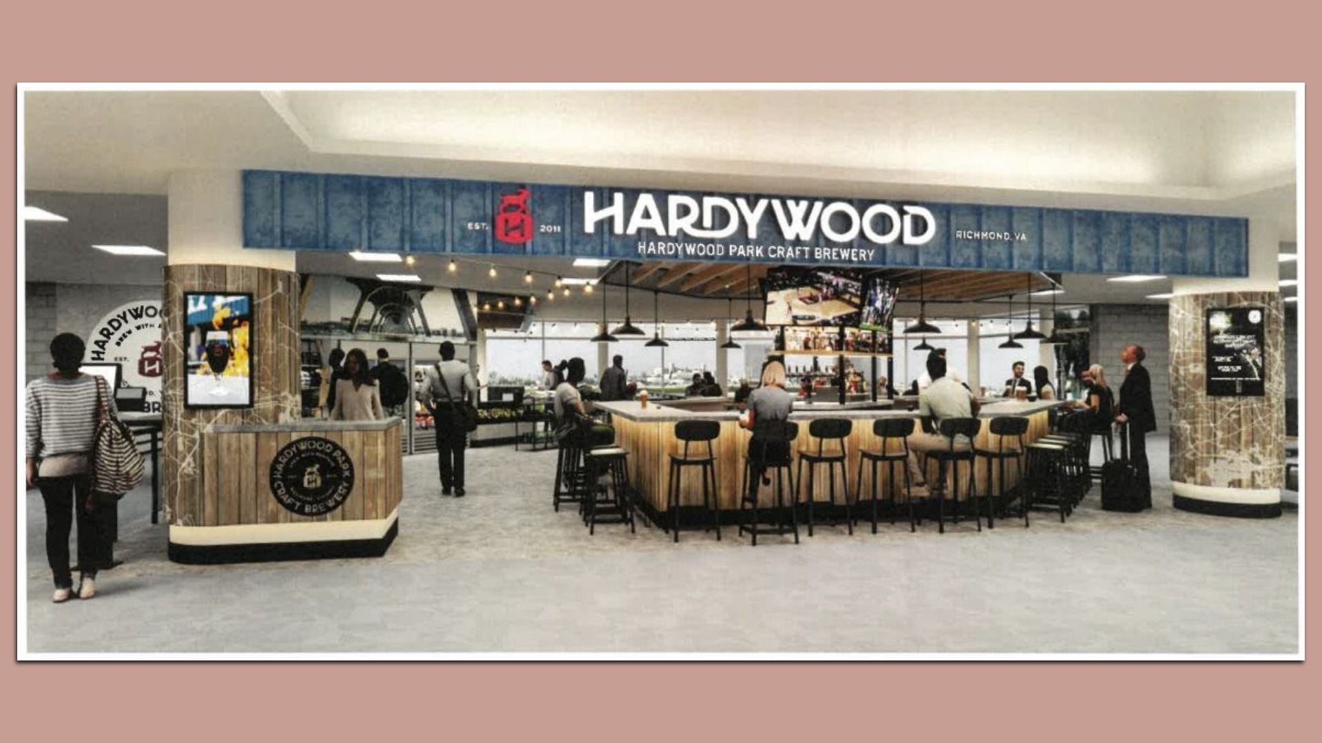 a rendering of an open-concept airport restaurant called Hardywood 
