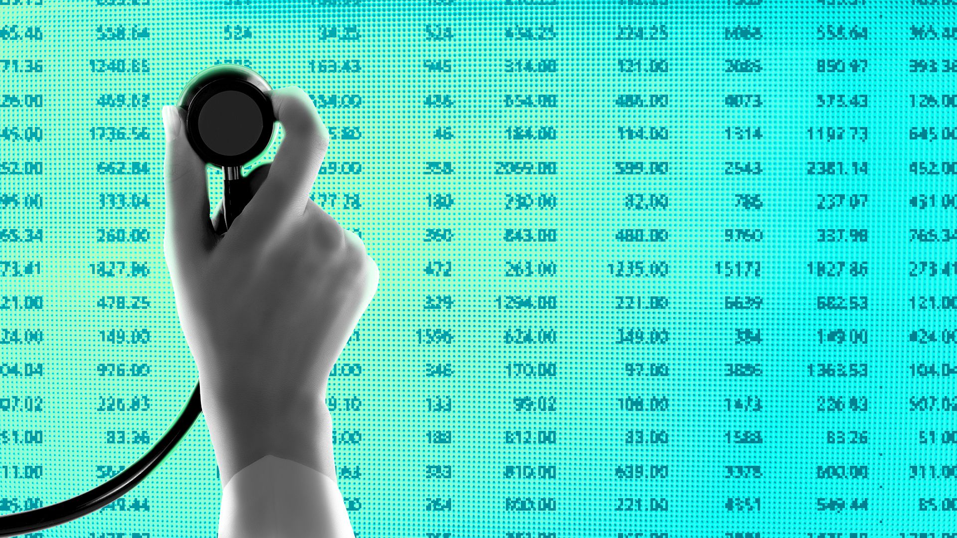 Illustration of a hand holding a stethoscope up to a spreadsheet on a computer screen.