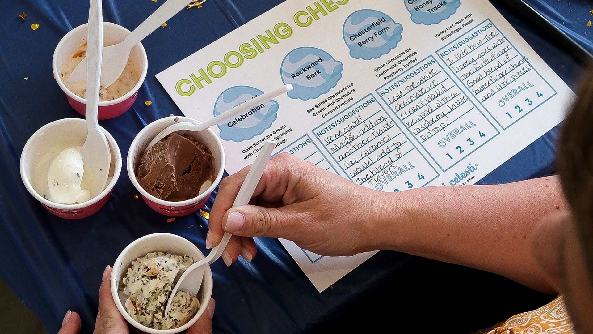 4 little scoops of ice cream with a score card