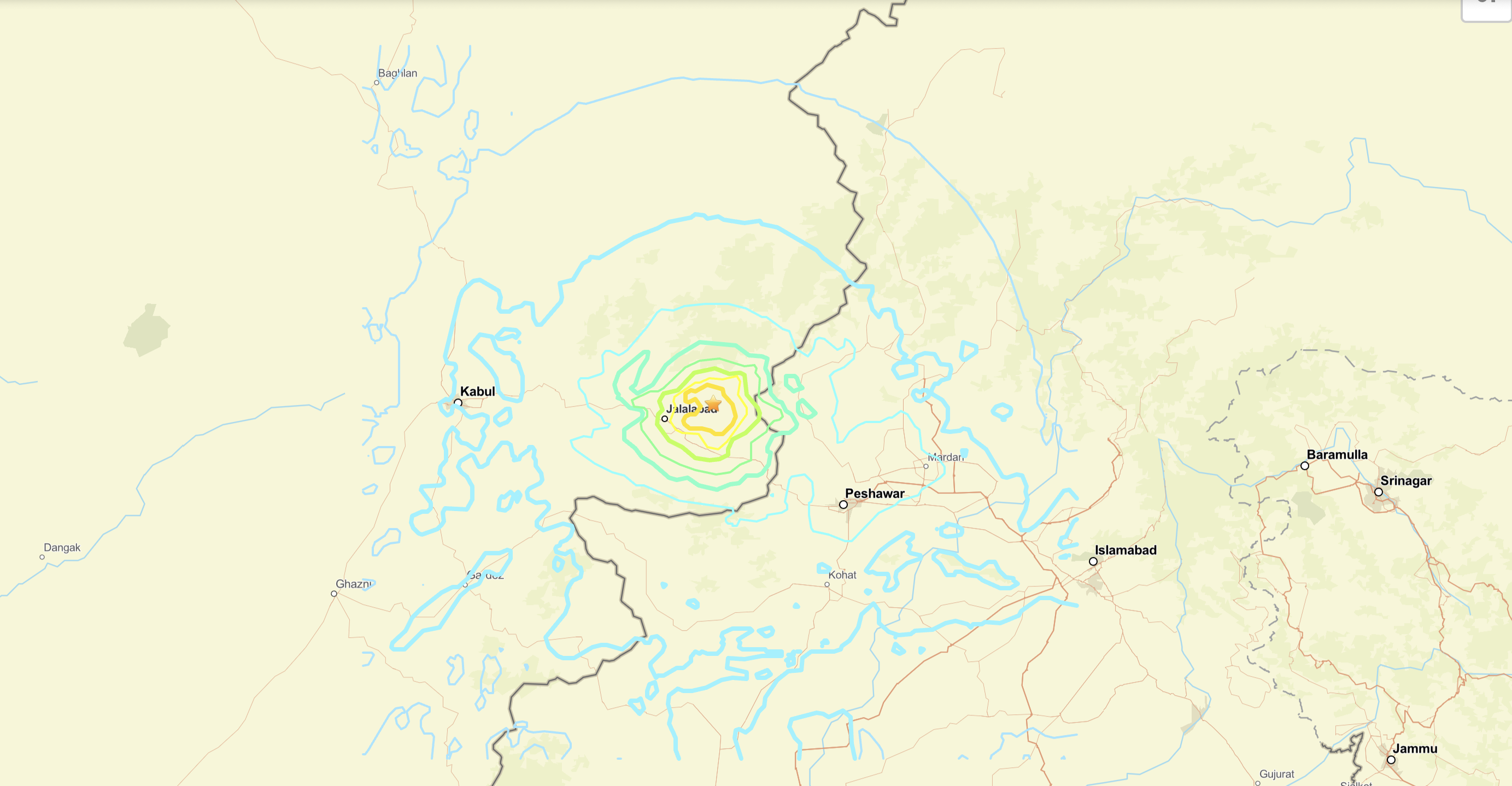 A yellow map showing circles going outwards, signifying the regions affected by Sunday's earthquake in eastern Afghanistan.