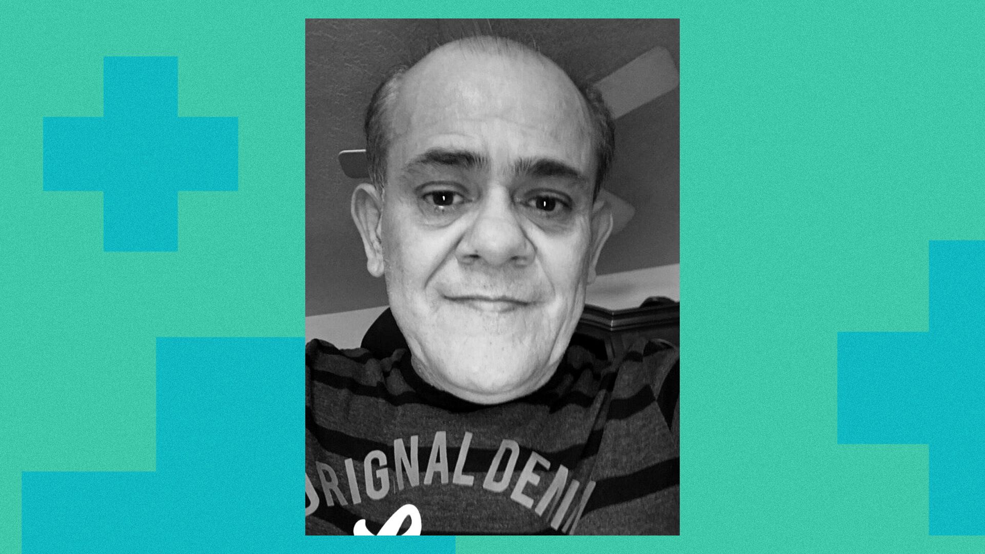Image of Colorado disability advocate Kenny Maestas, with a teal background and blue medical crosses