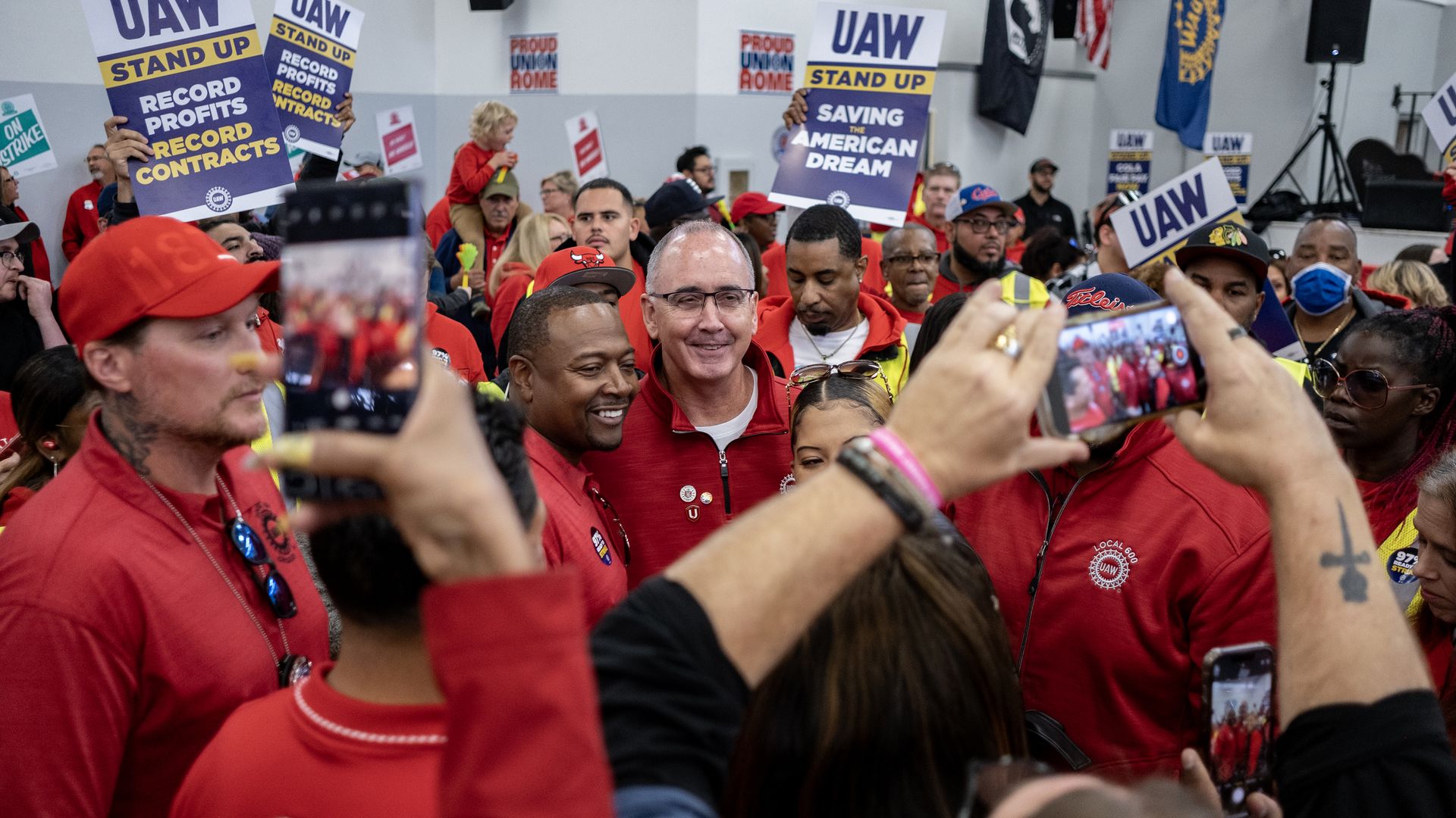  UAW President Shawn Fain greets members attending a rally in support of the labor union strike at the UAW Local 551 hall on the South Side on October 7, 2023 in Chicago, Illinois. 