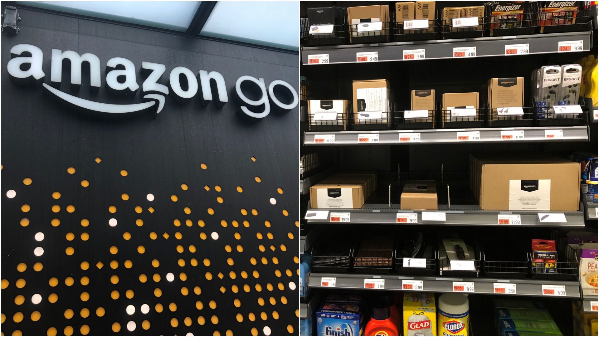 Photos of an Amazon Go sign and shelves inside a Go store