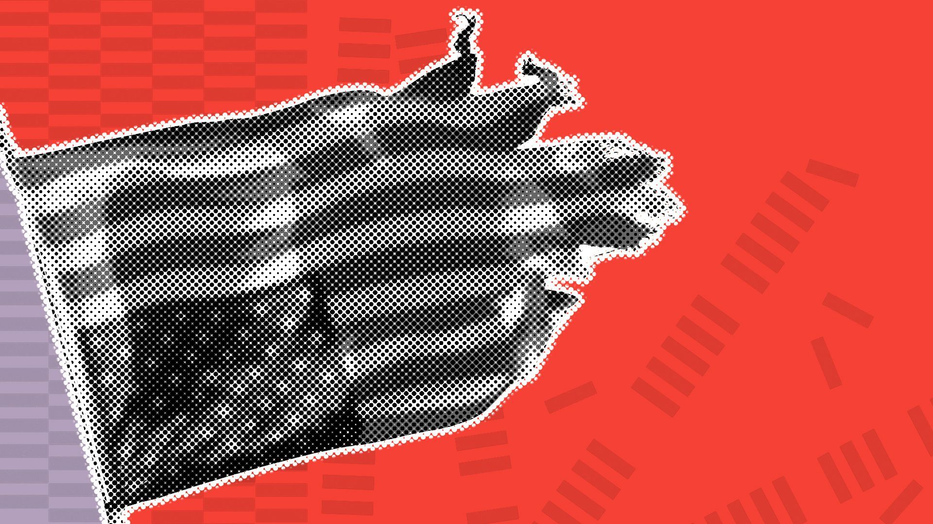 Illustration of an upside down and tattered American flag with a broken grid in the background
