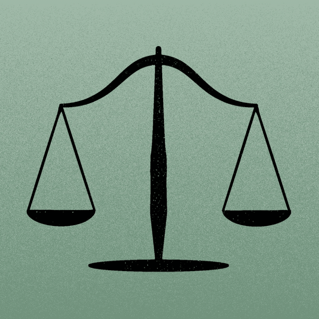 Illustration of a silhouetted scales of justice, with the plates moving up and down.