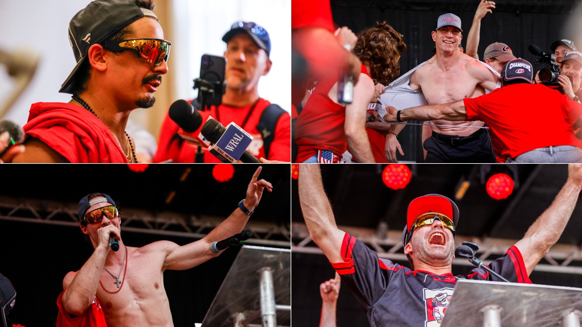 Four photos of Carolina Hurricanes players Seth Jarvis, Jordan Martinook and Andrei Svechnikov and head coach Rod Brind'Amour at the Stanley Cup parade.