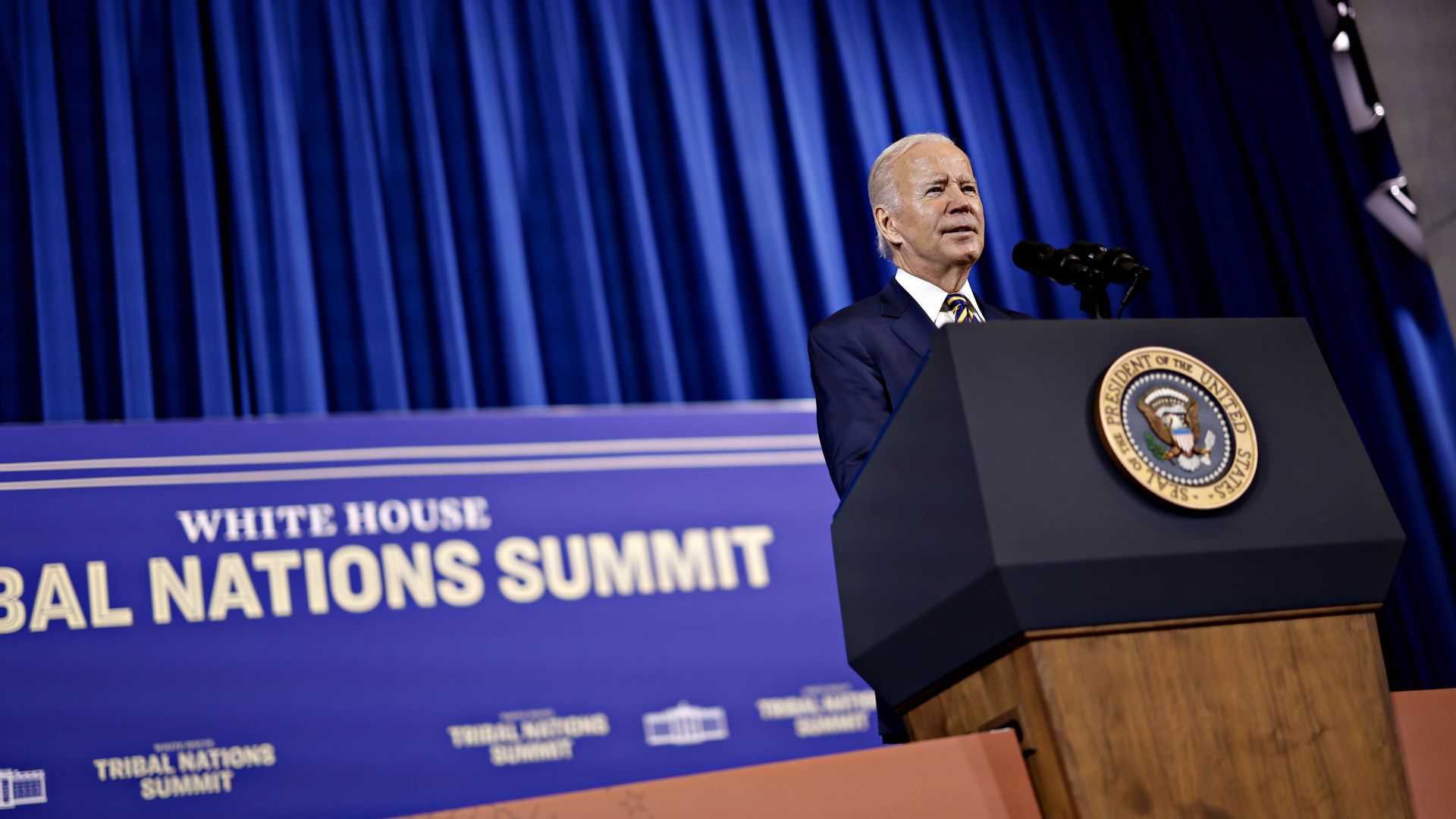 President Biden speaking at the White House Tribal Nations Summit at the Department of the Interior in Washington, D.C., on Nov. 30.
