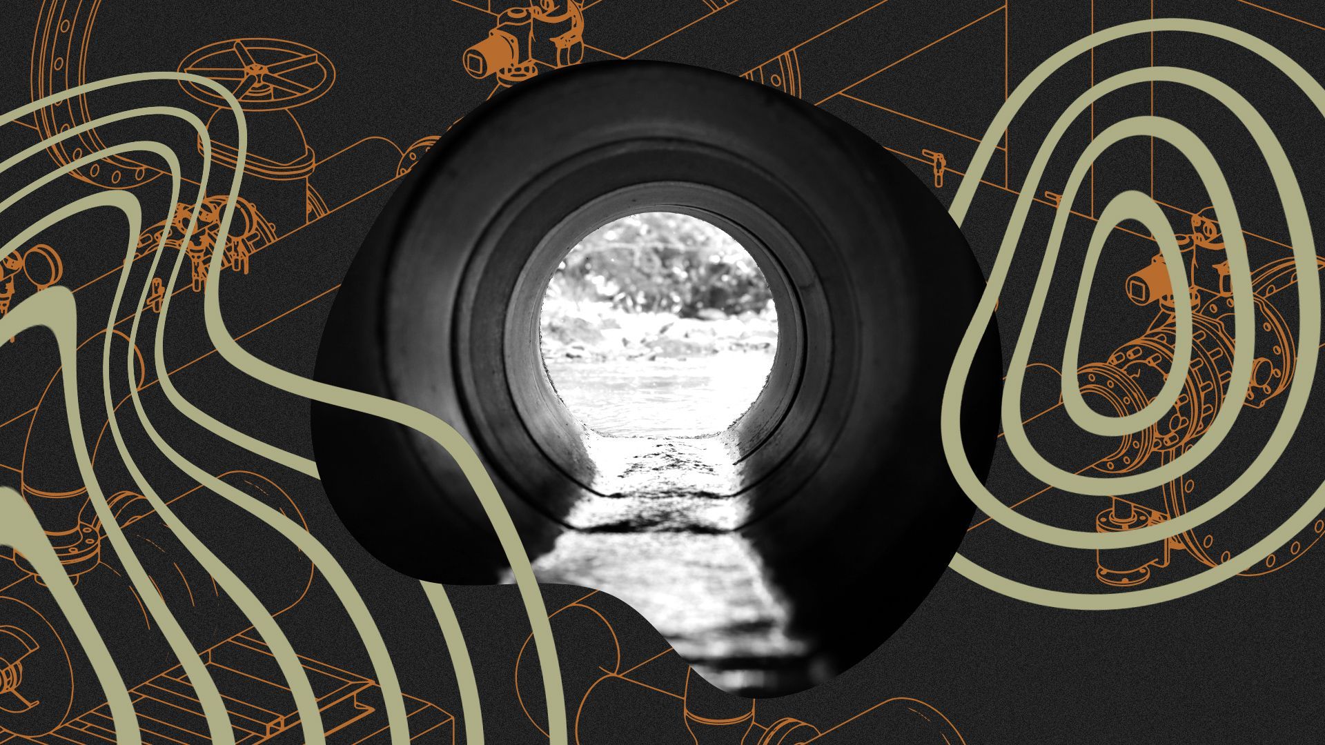Illustrated collage of a pipe system schematic with images of a wastewater pipe, overlaid with rippling concintric circles.
