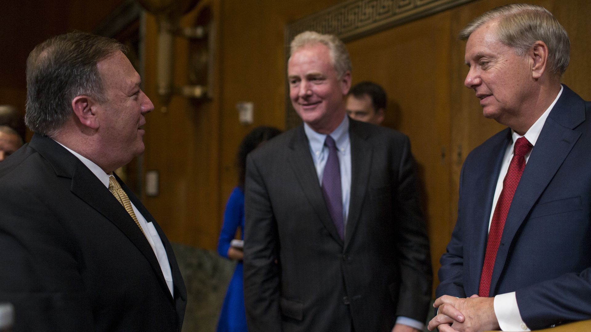 Chris van Hollen and Lindsey Graham with Mike Pompeo