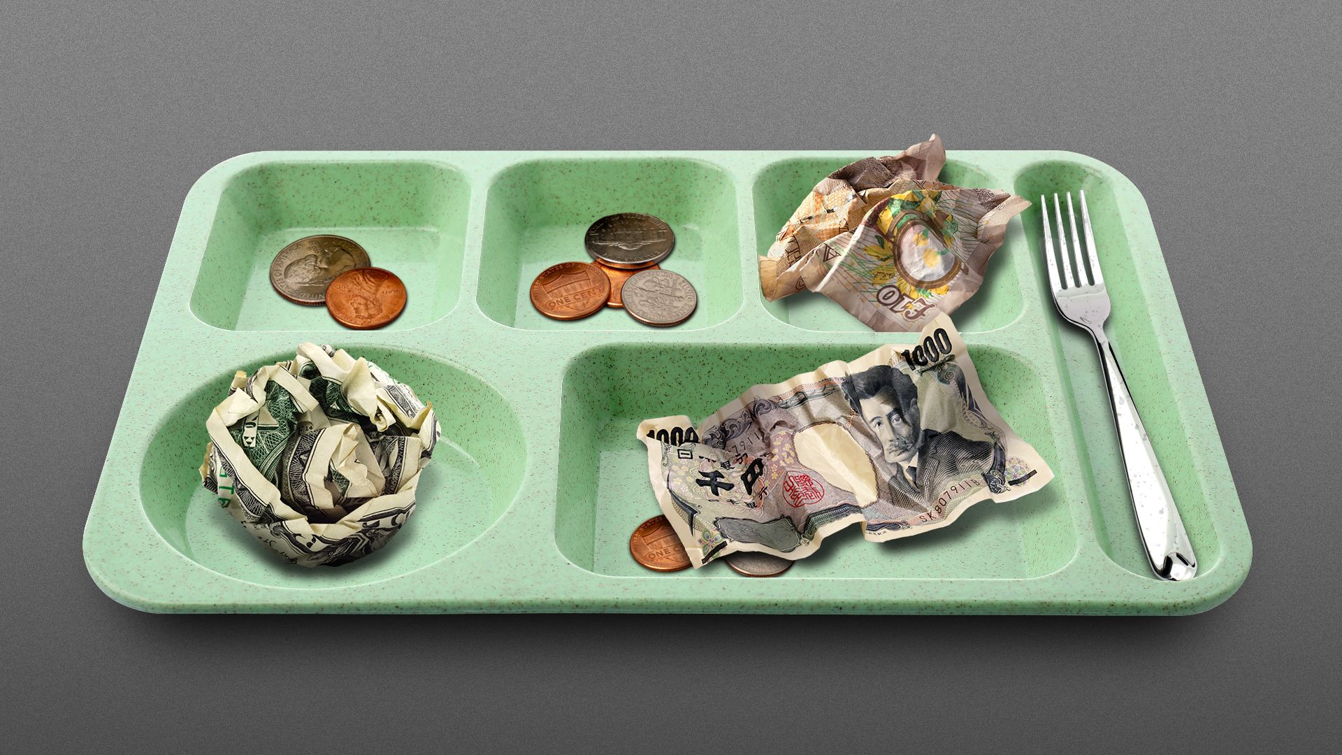 Illustration of American, British, and Japanese currency crumpled up on a lunch tray