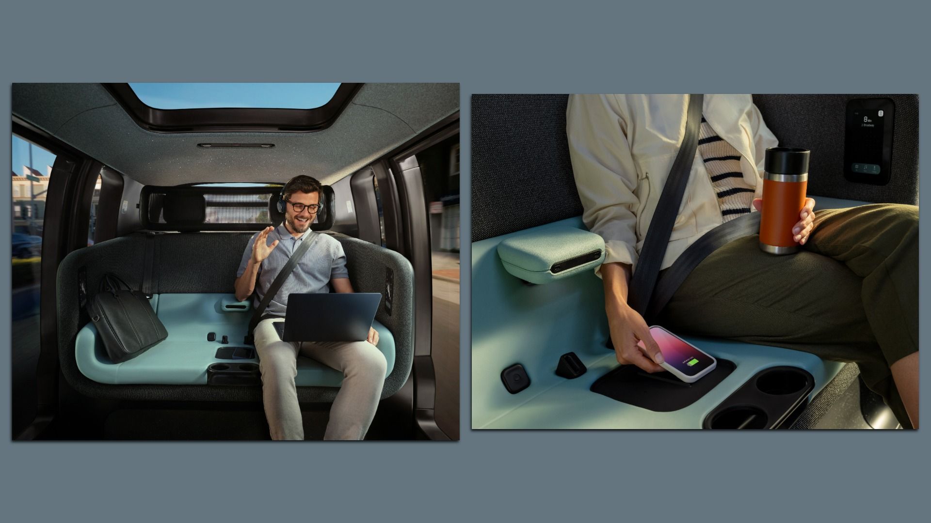 Two photos of the interior of a Zoox robotaxi. Left shows a man with headphones and glasses using a laptop in the carriage-style seating, with his seatbelt on; right shows a woman wearing a seatbelt, holding an orange thermos and putting a smartphone on the wireless charging pad.