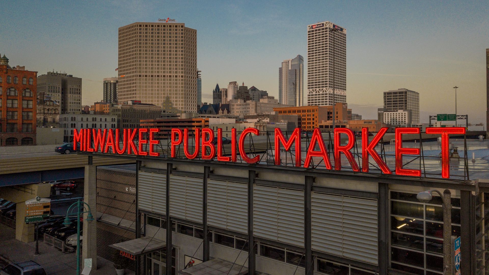 neon sign reading Milwaukee Public Market