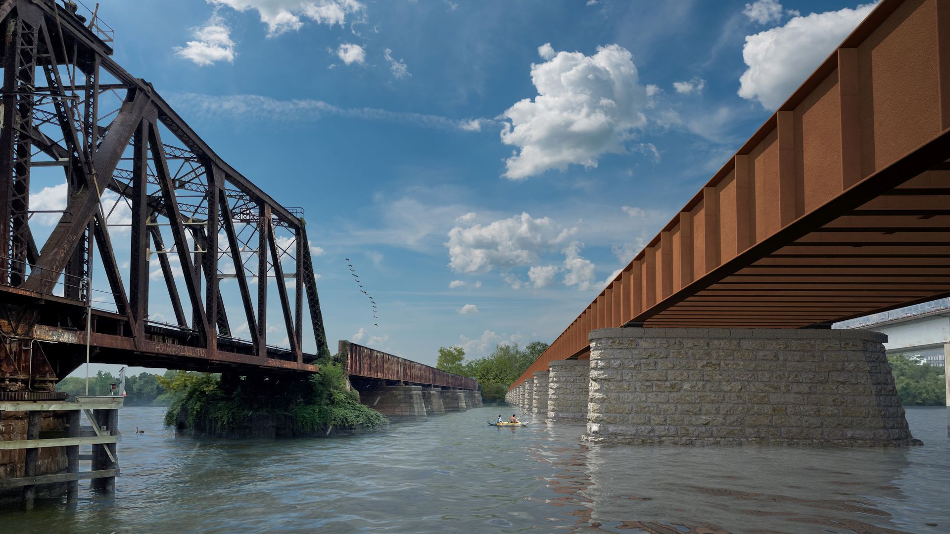 A rendering showing an old metal bridge next to an updated metal bridge, both stretching across a river.