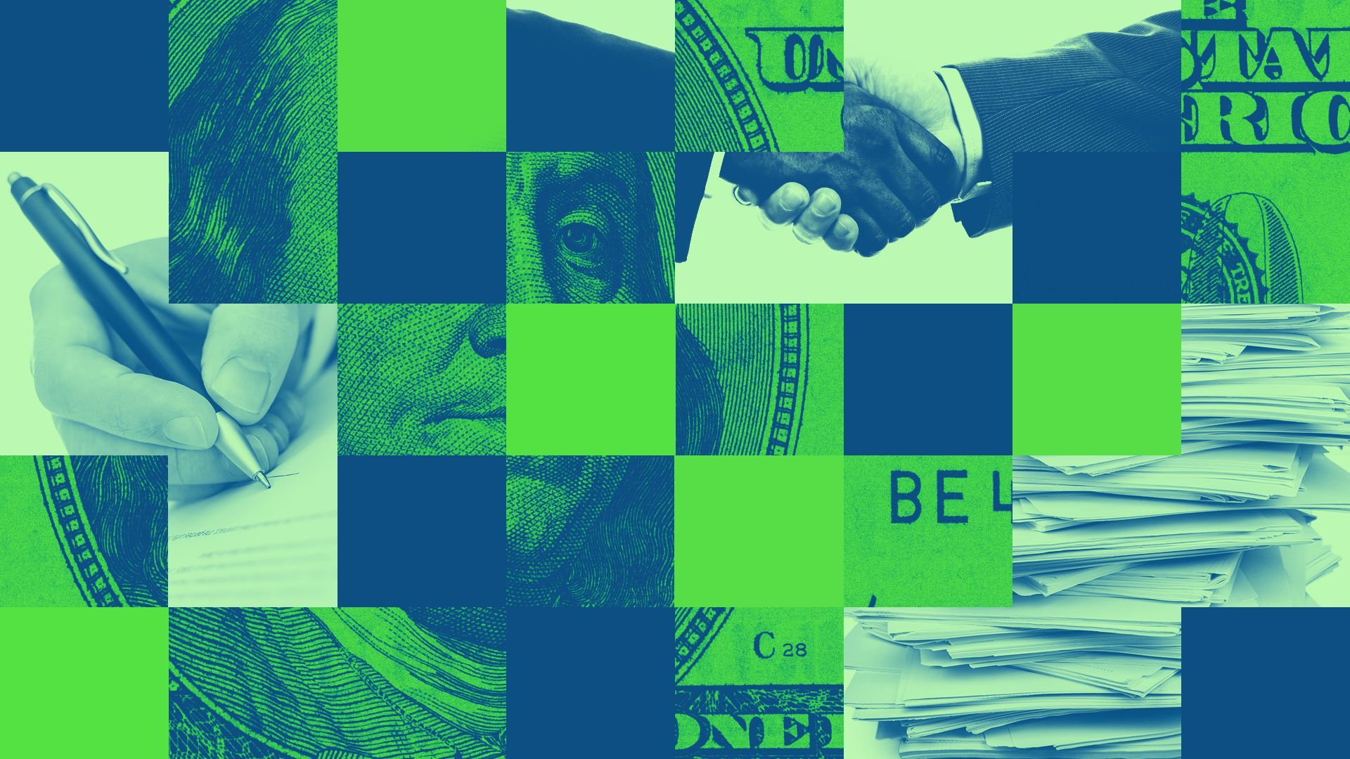 an illustration of dollar bills, business imagery and various colored rectangles divided into a grid