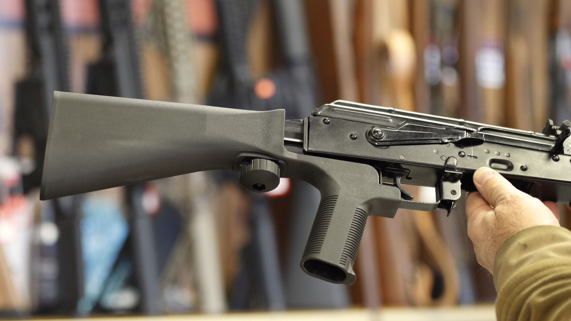 A bump stock device attached to a AK-47 semi-automatic rifle in Salt Lake City, Utah, in 2017.