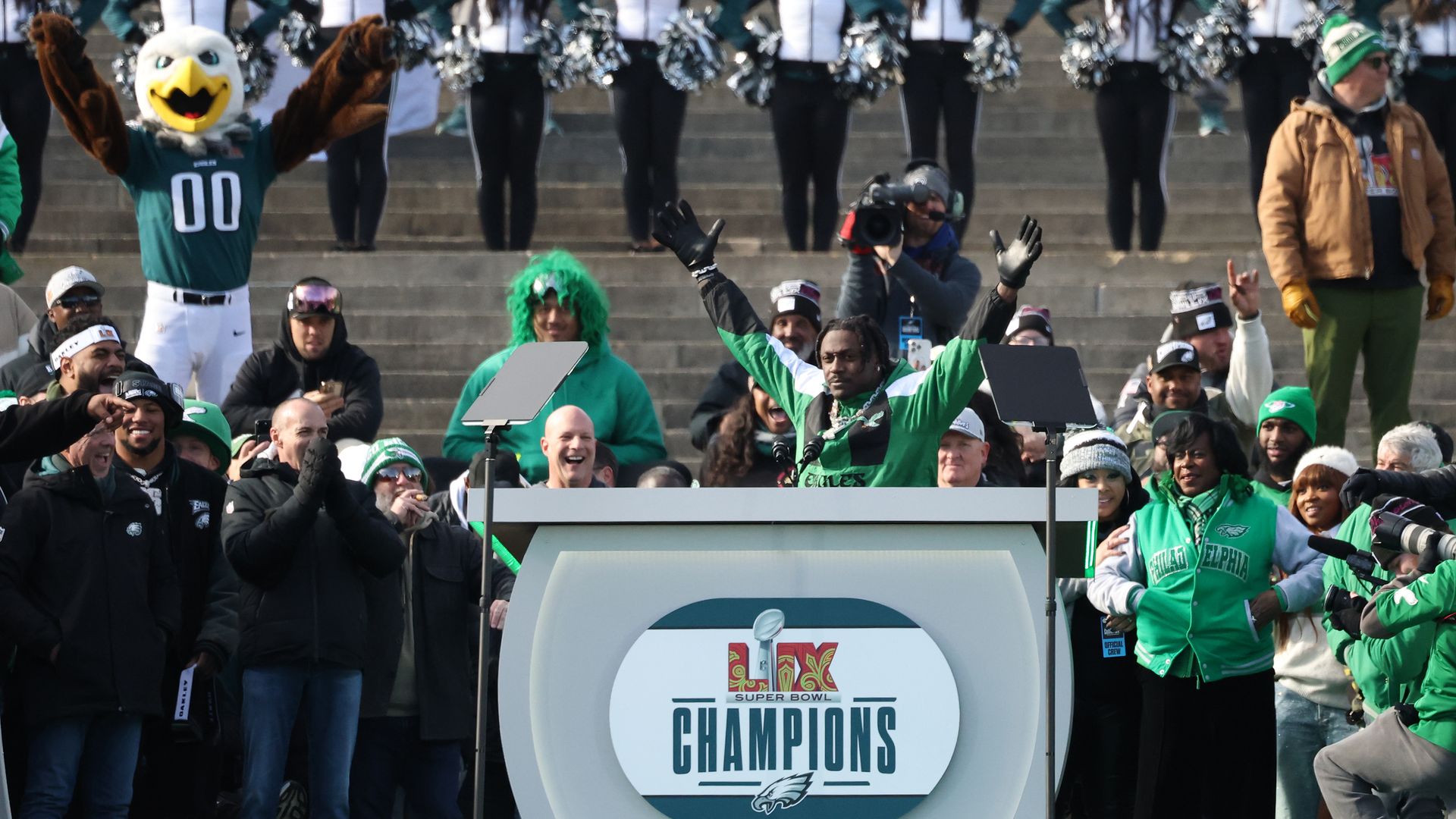 Eagles wide receiver A.J. Brown address fans during the Philadelphia Eagles Super Bowl Championship parade.
