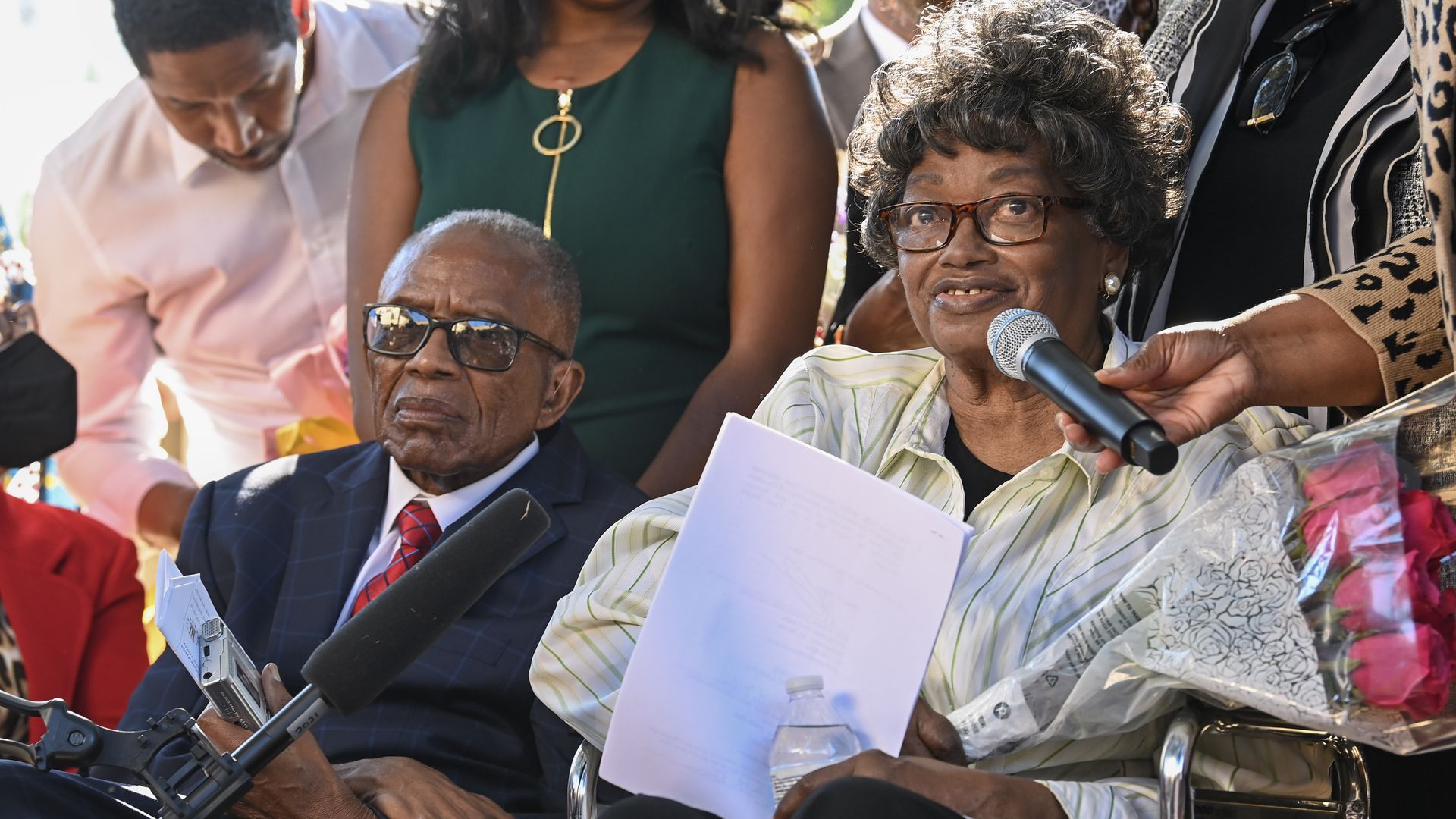 Claudette Colvin, 82, speaks alongside Civil rights attorney Fred Gray, left, during a press conference at the Montgomery County Family Court on October 26, 2021, in Montgomery, Alabama